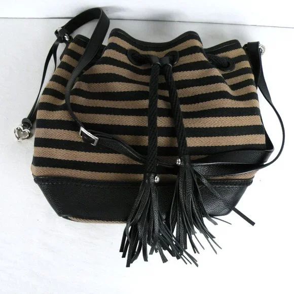 RARE Brighton Alder Black & Taupe Striped Leather Tassel Shoulder Crossbody Bag - Picture 7 of 10